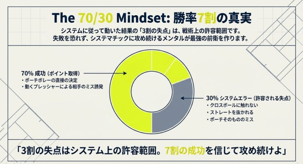 ビジュアル要素: 70%の部分と30%の部分に色分けされたドーナツ型の円グラフが配置されています 。


テキスト情報: 見出しに「The 70/30 Mindset: 勝率7割の真実」と記されています 。


テキスト情報: 「システムに従って動いた結果の『3割の失点』は、戦術上の許容範囲です。失敗を恐れず、システマチックに攻め続けるメンタルが最強の前衛を作ります。」と記載されています 。


テキスト情報: グラフの70%部分は「70% 成功(ポイント取得)」であり、「・ポーチボレーの直接の決定」「・動くプレッシャーによる相手のミス誘発」が内訳として示されています 。


テキスト情報: グラフの30%部分は「30% システムエラー(許容される失点)」であり、「・クロスボールに触れない」「・ストレートを抜かれる」「・ポーチそのもののミス」が内訳として示されています 。


テキスト情報: 下部に強調して「『3割の失点はシステム上の許容範囲。7割の成功を信じて攻め続けよ』」と記載されています 。
