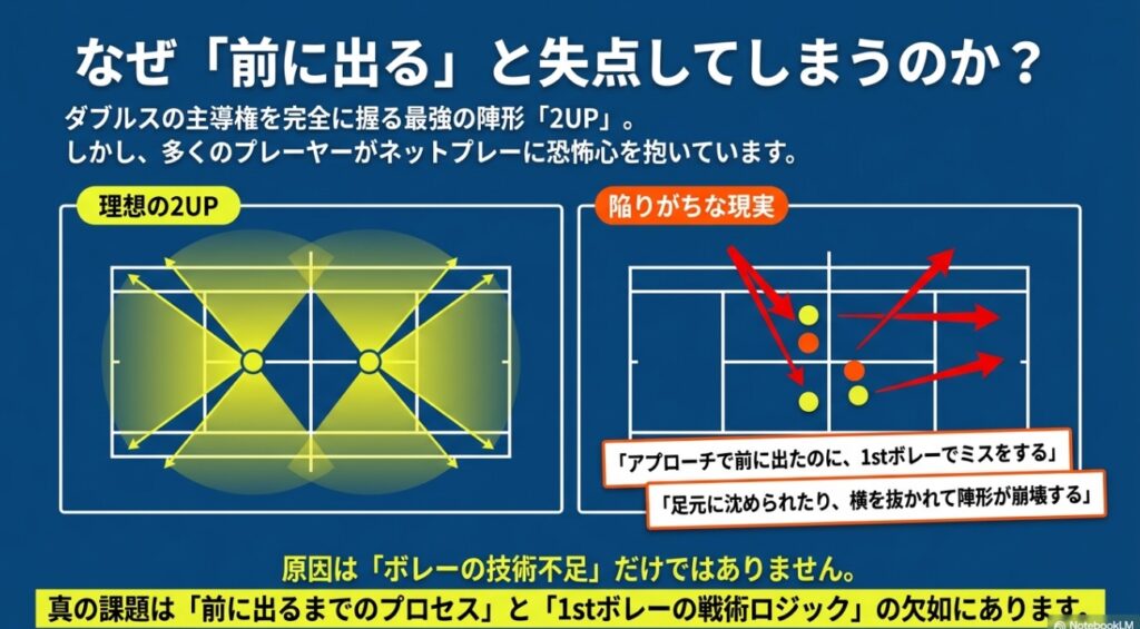 ビジュアル要素: ネット付近に並んだ2人のプレイヤーがカバーする範囲(黄色い扇形のエリア)を示す「理想の2UP」のコート図解です 。
テキスト情報: 見出しに「なぜ『前に出る』と失点してしまうのか?」と記されています 。
テキスト情報: 「ダブルスの主導権を完全に握る最強の陣形『2UP』。しかし、多くのプレーヤーがネットプレーに恐怖心を抱いています。」と解説されています 。
テキスト情報: 「陥りがちな現実」として、「『アプローチで前に出たのに、1stボレーでミスをする』」、「『足元に沈められたり、横を抜かれて陣形が崩壊する』」という2つの悩みが挙げられています 。
テキスト情報: 「原因は『ボレーの技術不足』だけではありません。真の課題は『前に出るまでのプロセス』と『1stボレーの戦術ロジック』の欠如にあります。」と結論づけられています 。