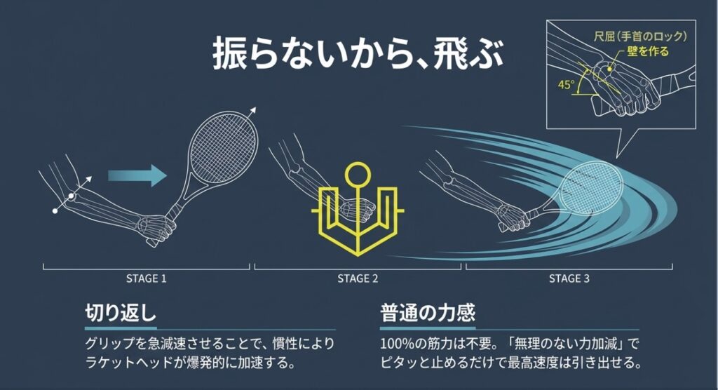 ビジュアル要素: ラケットを持った右腕の動きが、STAGE 1からSTAGE 3までの3段階のイラストで解説されています。テキスト情報: 全体のコンセプトとして「振らないから、飛ぶ」と大きく記載されています 。テキスト情報: STAGE 1 では腕の構え、STAGE 2 では錨（アンカー）のマークとともに「尺屈（手首のロック）」、「壁を作る」動きが示されています 。テキスト情報: STAGE 3 では「切り返し」によるラケットヘッドの爆発的な加速 と、無理のない力加減でピタッと止める技術について解説されています 。