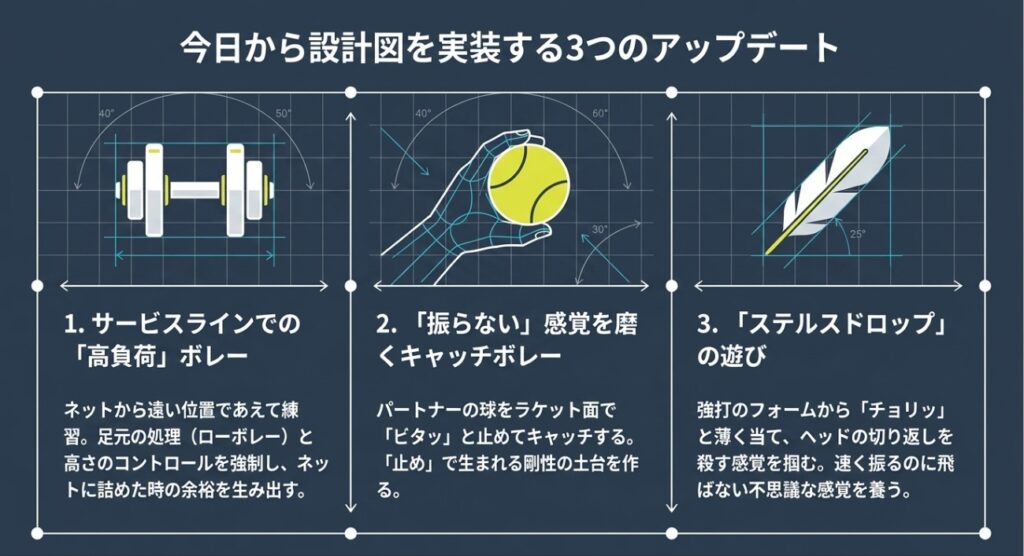 ビジュアル要素: ダンベル、ボールを握る手、羽の3つのアイコンが並んだ画像です。


テキスト情報: 見出しは「今日から設計図を実装する3つのアップデート」です 。


テキスト情報: 1つ目はダンベルのアイコンで、サービスラインでの「高負荷」ボレー練習について記載されています 。


テキスト情報: 2つ目はボールを握る手のアイコンで、「振らない」感覚を磨くキャッチボレーについて記載されています 。


テキスト情報: 3つ目は羽のアイコンで、「ステルスドロップ」の遊びを取り入れ、速く振るのに飛ばない感覚を養う練習について記載されています 。