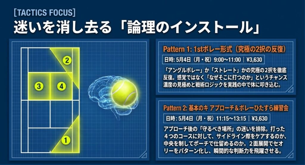 ビジュアル要素: 番号（1〜4）が振られたコートのゾーン図と、テニスボールが光る脳のイラストが配置されています 。


テキスト情報: 見出しは「[TACTICS FOCUS] 迷いを消し去る『論理のインストール』」です 。

テキスト情報: 「Pattern 1: 1stボレー形式 (究極の2択の反復)」は、「日時:5月4日(月・祝) 9:00~11:00 | ¥3,630」と記載されています 。


テキスト情報: 内容は「『アングルボレー』か『ストレート』かの究極の2択を徹底反復。感覚ではなく『なぜそこに打つのか』というチャンス濃度の見極めと戦術ロジックを実践の中で体に叩き込む。」と解説されています 。

テキスト情報: 「Pattern 2: 基本のキ アプローチ&ボレーひたすら練習会」は、「日時:5月4日(月・祝) 11:15~13:15 | ¥3,630」と記載されています 。


テキスト情報: 内容は「アプローチ後の『守るべき場所』の迷いを排除。打った4つのコースに対して、サイドライン際をケアするのか、中央を制してポーチで仕留めるのか。2面展開でセオリーをパターン化し、瞬間的な判断力を飛躍させる。」と解説されています 。