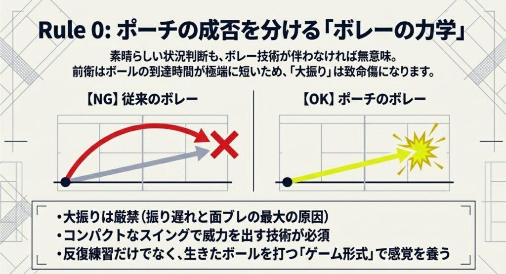 ビジュアル要素: 2つのテニスコート図が上下に並んでいます。上の図は山なりの赤い矢印の軌道に「×」マークがついており、下の図は直線的で鋭い黄色の矢印の軌道の先に爆発のアイコンが描かれています 。


テキスト情報: 見出しに「Rule 0: ポーチの成否を分ける『ボレーの力学』」と記されています 。


テキスト情報: 「素晴らしい状況判断も、ボレー技術が伴わなければ無意味。前衛はボールの到達時間が極端に短いため、『大振り』は致命傷になります。」と説明されています 。


テキスト情報: 図解の補足として「【OK】 ポーチのボレー」、「【NG】 従来のボレー」が比較されています 。


テキスト情報: 技術のポイントとして「・大振りは厳禁(振り遅れと面ブレの最大の原因)」、「・コンパクトなスイングで威力を出す技術が必須」、「・反復練習だけでなく、生きたボールを打つ『ゲーム形式』で感覚を養う」の3点がリストアップされています 。
