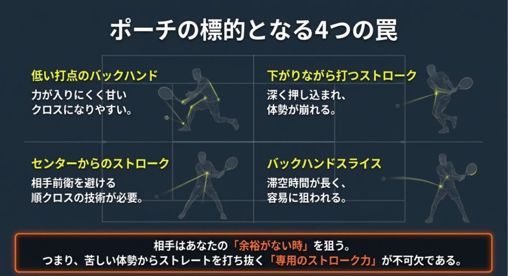 ビジュアル要素: 4つの状況とそれぞれの解説がグリッド状に配置された画像です。テキスト情報: 見出しに「ポーチの標的となる4つの罠」と記されています 。テキスト情報: 1つ目の罠「低い打点のバックハンド」は、「力が入りにくく甘いクロスになりやすい。」と説明されています 。テキスト情報: 2つ目の罠「下がりながら打つストローク」は、「深く押し込まれ、体勢が崩れる。」と説明されています 。テキスト情報: 3つ目の罠「センターからのストローク」は、「相手前衛を避ける順クロスの技術が必要。」と説明されています 。テキスト情報: 4つ目の罠「バックハンドスライス」は、「滞空時間が長く、容易に狙われる。」と説明されています 。テキスト情報: 下部に「相手はあなたの『余裕がない時』を狙う。」と記載されており 、「つまり、苦しい体勢からストレートを打ち抜く『専用のストローク力』が不可欠である。」と結論づけられています 。