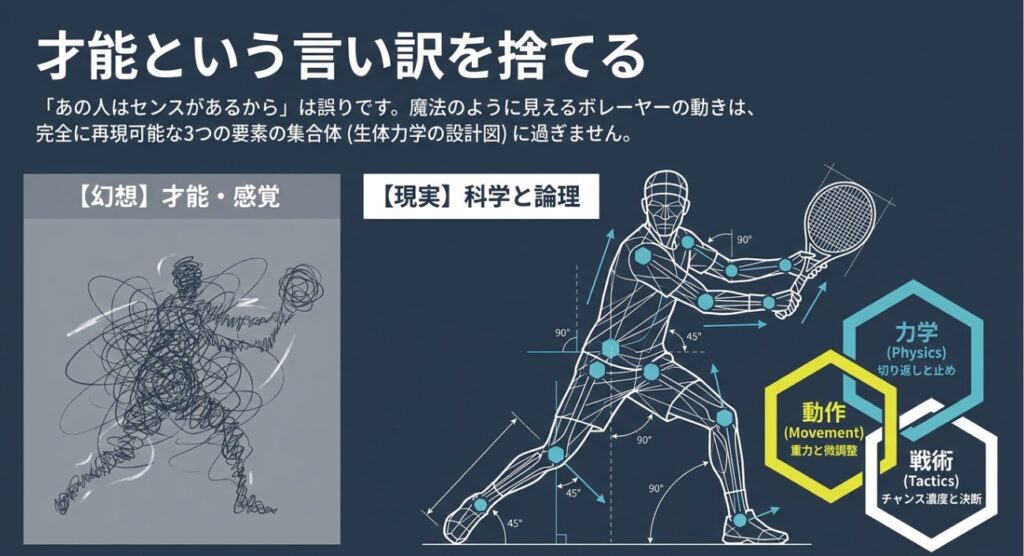 ビジュアル要素: 画面左側に「幻想」を表すぐちゃぐちゃの線の集合体、右側に「現実」を表す幾何学的なワイヤーフレームの人体モデルが描かれています。


テキスト情報: 左側の図には「【幻想】才能・感覚」と記されています 。


テキスト情報: 右側の図には「【現実】科学と論理」と記されています 。


テキスト情報: 「才能という言い訳を捨てる」という見出しのもと、「あの人はセンスがあるから」は誤りであり、ボレーヤーの動きは再現可能な3つの要素の集合体であると説明されています 。


テキスト情報: ボレーを構成する3つの要素として、「力学 (Physics)」、「動作 (Movement)」、「戦術 (Tactics)」 が六角形のアイコンで提示されています。