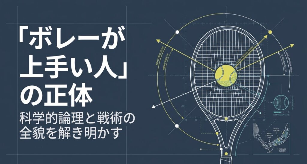 ビジュアル要素: ダークブルーの背景に、サイバーパンク調のメカニカルなデザインやテキストが配置された表紙画像です。


テキスト情報: 中央に大きく「『ボレーが上手い人』の正体」とタイトルが書かれています 。


テキスト情報: サブタイトルとして「科学的論理と戦術の全貌を解き明かす」と記載されています 。


テキスト情報: 背景のグラフィックには「WRIST STABILITY」や「MUSCLE TENSION」 などの生体力学的なキーワードがデザインの一部として配置されています。