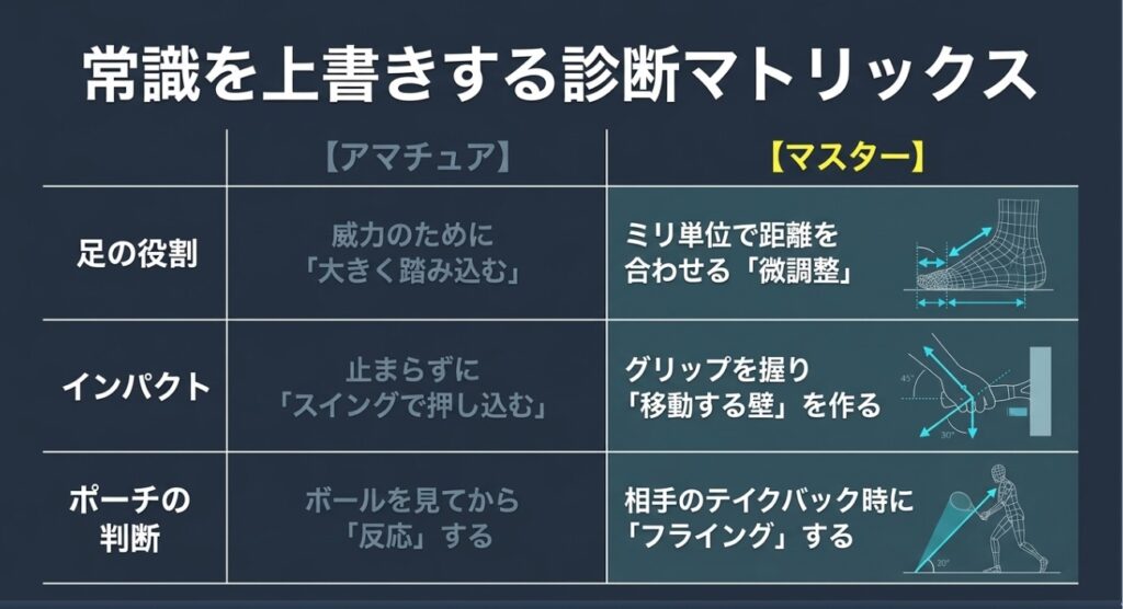 ビジュアル要素: アマチュアとマスターの技術の違いを比較するマトリックス（表）の画像です。テキスト情報: 表の見出しは「常識を上書きする診断マトリックス」です 。テキスト情報: 【アマチュア】と 【マスター】の違いを、「足の役割」、「インパクト」、「ポーチの判断」 の3項目で比較しています。テキスト情報: アマチュアが「大きく踏み込む」のに対し、マスターは「ミリ単位で距離を合わせる『微調整』」 を行うなどの違いが記載されています。