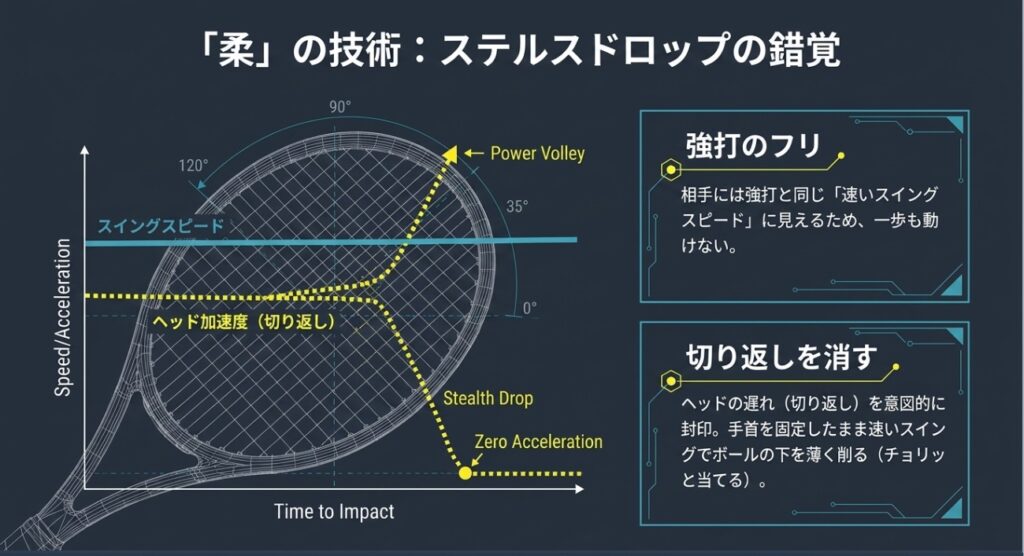 ビジュアル要素: ラケットヘッドの軌道とグラフを重ね合わせた画像です。縦軸が「Speed/Acceleration」、横軸が「Time to Impact」 となっています。テキスト情報: 見出しに「『柔』の技術:ステルスドロップの錯覚」と記されています 。テキスト情報: グラフ内では「Power Volley」と「Stealth Drop」 の軌道が比較されています。テキスト情報: ステルスドロップは「強打のフリ」であり、相手には速いスイングスピードに見えるため一歩も動けなくなると説明されています 。テキスト情報: ヘッドの切り返しを意図的に封印し、「Zero Acceleration」で薄く削るように当てる技術であることが記されています 。