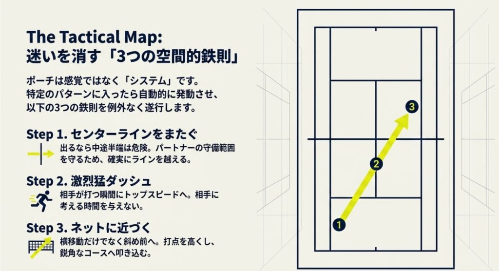 ビジュアル要素: テニスコートの図上に、ネット付近から斜め前方に伸びる黄色の矢印が描かれ、経路上に「1」「2」「3」の数字が配置されています 。テキスト情報: 見出しに「The Tactical Map: 迷いを消す『3つの空間的鉄則』」と記されています 。テキスト情報: 「ポーチは感覚ではなく『システム』です。特定のパターンに入ったら自動的に発動させ、以下の3つの鉄則を例外なく遂行します。」と解説されています 。テキスト情報: 「Step 1. センターラインをまたぐ」として「出るなら中途半端は危険。パートナーの守備範囲を守るため、確実にラインを越える。」と説明されています 。テキスト情報: 「Step 2. 激烈猛ダッシュ」として「相手が打つ瞬間にトップスピードへ。相手に考える時間を与えない。」と説明されています 。テキスト情報: 「Step 3. ネットに近づく」として「横移動だけでなく斜め前へ。打点を高くし、鋭角なコースへ叩き込む。」と説明されています 。
